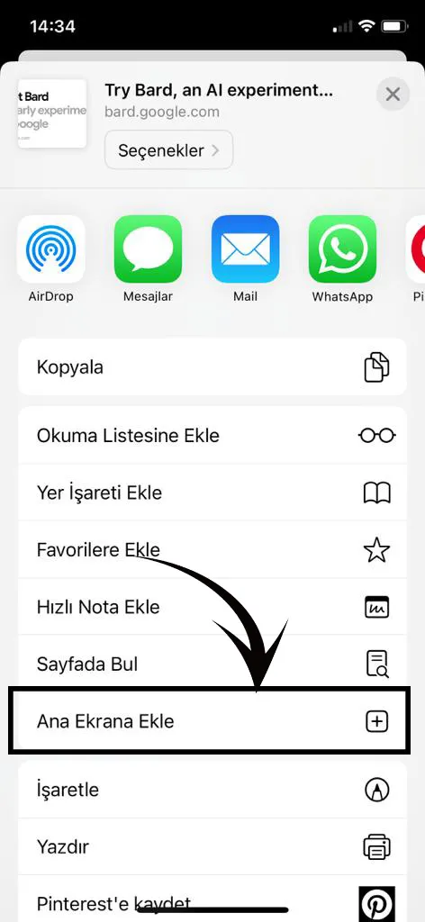 Menüden "Ana Ekrana Ekle" düğmesine tıklayın.