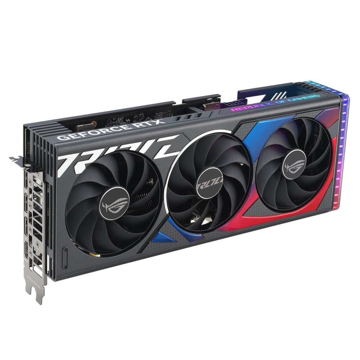 ROG Strix GeForce RTX 4060 Ti ROG Strix Ge Force RTX angled top down view highlighting the fans ARGB element and ports