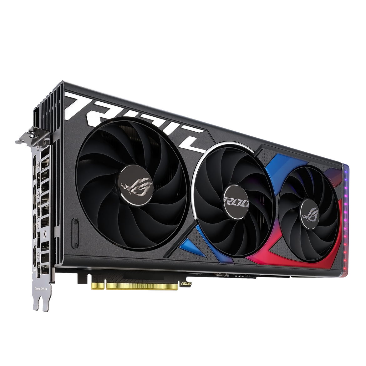 ROG Strix GeForce RTX 4060 Ti angled top down view, highlighting the fans, ARGB element, and IO ports 2 ROG Strix Ge Force RTX angled top down view highlighting the fans ARGB element and ports