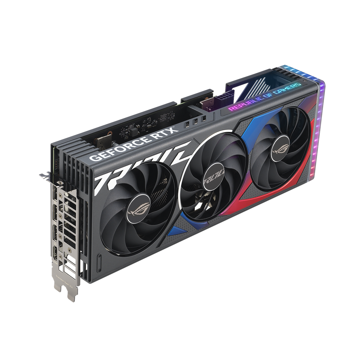 ROG Strix GeForce RTX 4060 Ti angled top down view, highlighting the fans, ARGB element, and IO ports1 ROG Strix Ge Force RTX angled top down view highlighting the fans ARGB element and