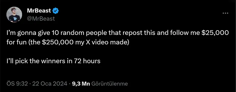 MrBeast, X'te Paylaştığı Videodan 263 Bin Dolar Kazandı