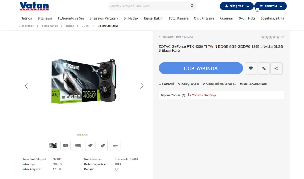 RTX 4060 Ti ekran kartları 8 GB VRAM ile geliyor.